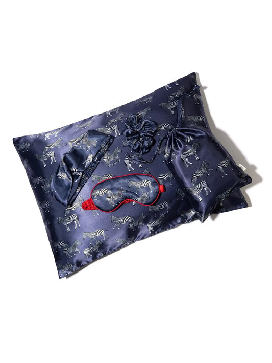 Satin Navy Zebra Print Pillow Case, Hair Scrunchie, Headband, Eye Mask, & Pouch