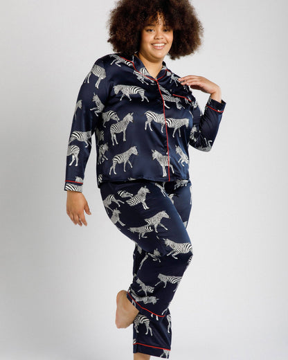 Satin Navy Zebra Long Pyjama