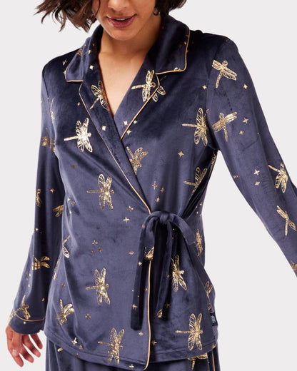 Velour Navy & Gold Foil Dragonfly Print Long Pyjama Set