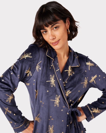 Velour Navy & Gold Foil Dragonfly Print Long Pyjama Set