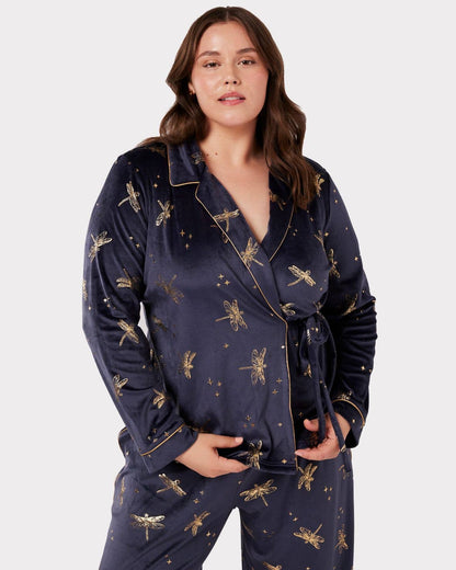 Velour Navy & Gold Foil Dragonfly Print Long Pyjama Set