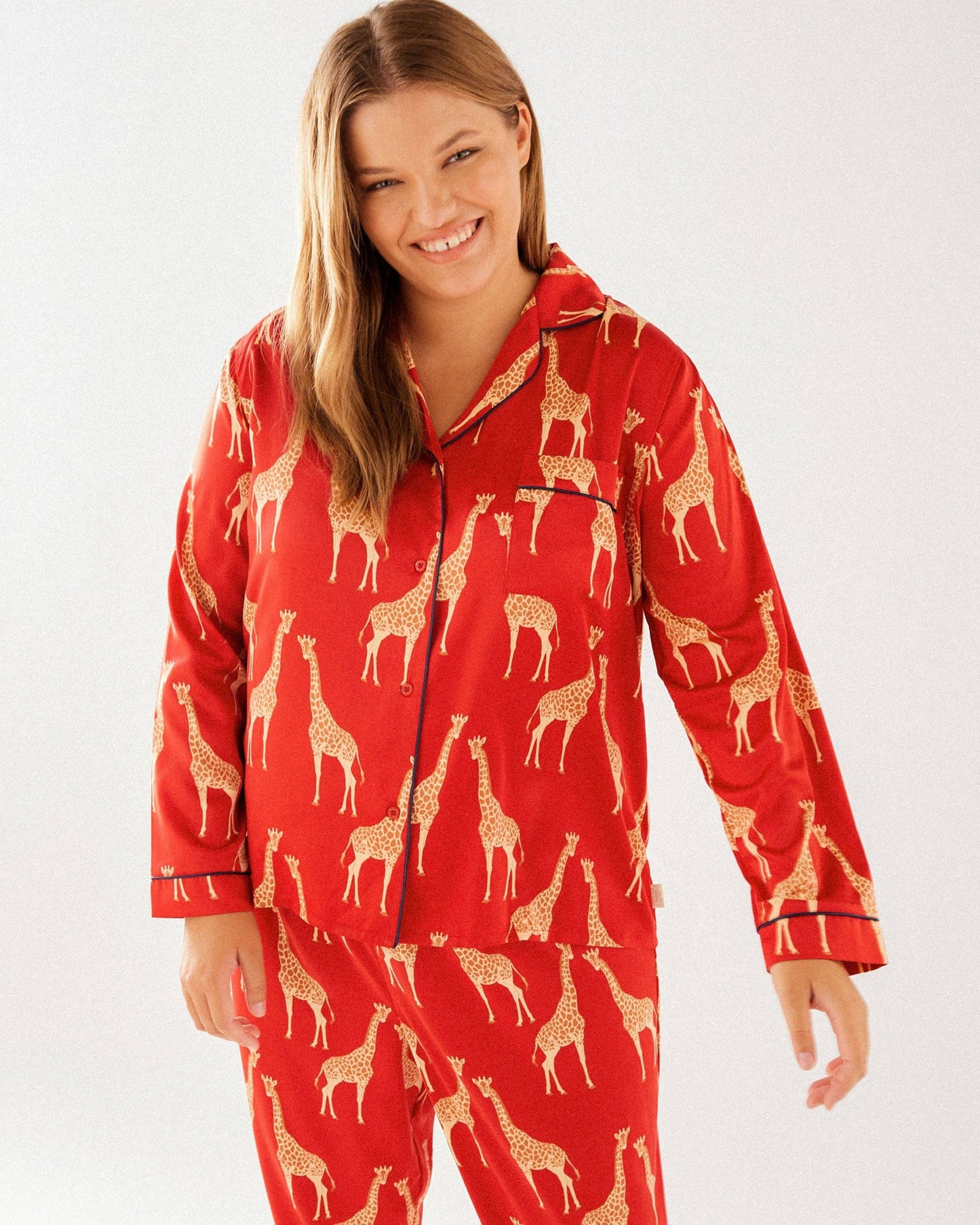 Satin Red Giraffe Print Long Pyjama Set