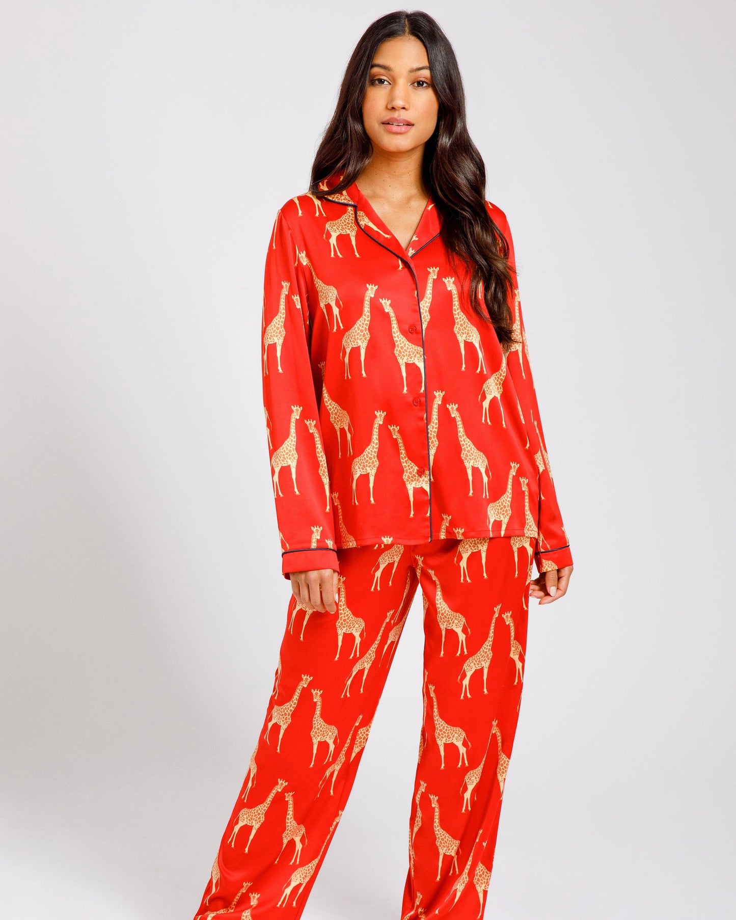 Satin Red Giraffe Print Long Pyjama Set