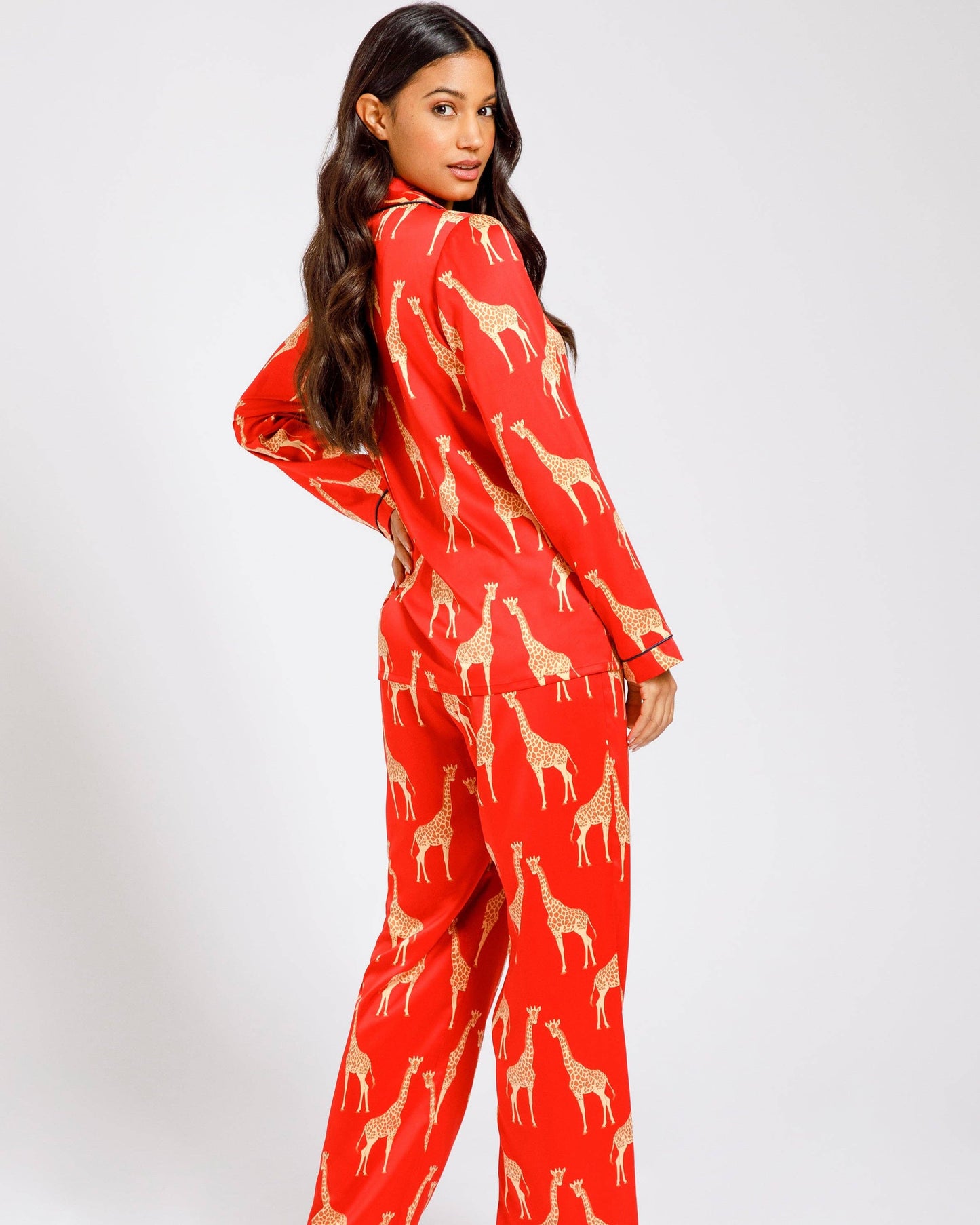 Satin Red Giraffe Print Long Pyjama Set