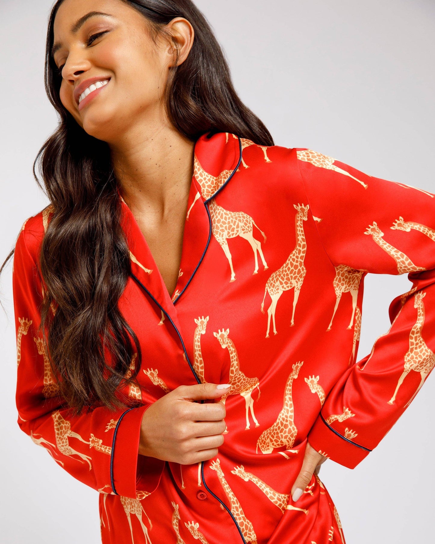 Satin Red Giraffe Print Long Pyjama Set