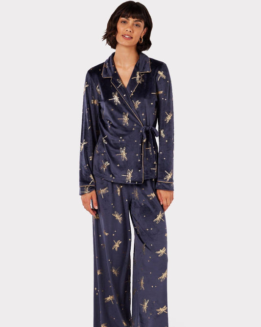 Velour Navy & Gold Foil Dragonfly Print Long Pyjama Set